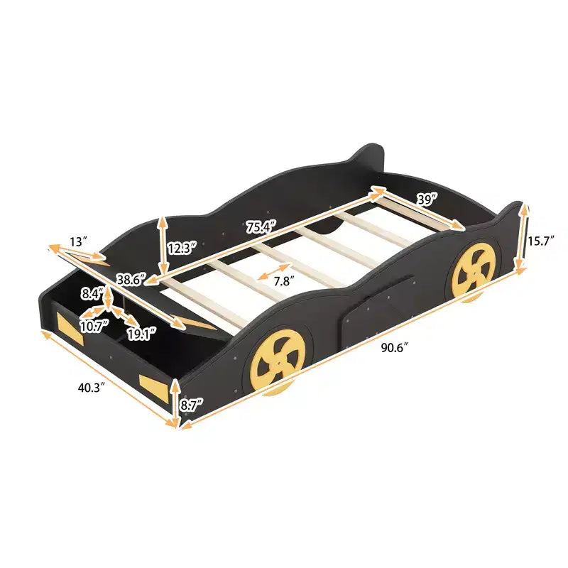 Letto a piattaforma a forma di auto da corsa con ruote e contenitore - ModernLuxe