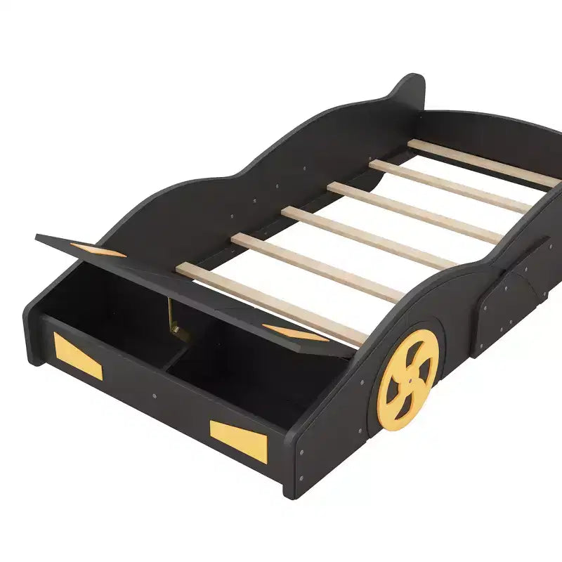 Letto a piattaforma a forma di auto da corsa con ruote e contenitore - ModernLuxe