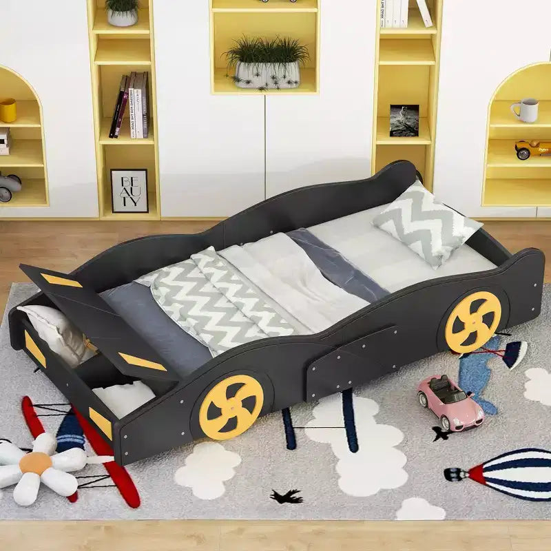 Race Car-Shaped Platform Bed with Wheels and Storage - ModernLuxe