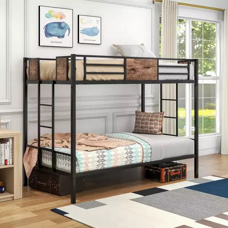 Twin Over Twin Metal Bunk Bed with Ladder and Full-Length Guardrail, Black -ModernLuxe