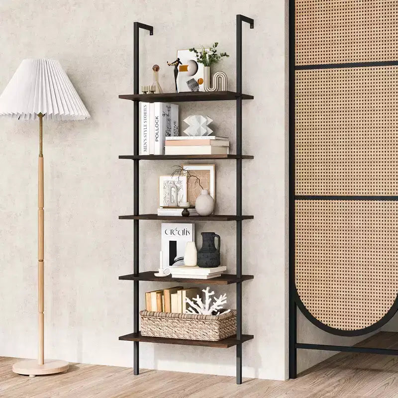 Scaffale a 5 ripiani a scala Costway 71'' (180 cm) di altezza, a muro, libreria espositiva, organizer, marrone/naturale/bianco