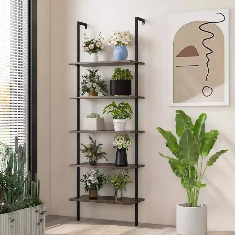 Scaffale a 5 ripiani a scala Costway 71'' (180 cm) di altezza, a muro, libreria espositiva, organizer, marrone/naturale/bianco