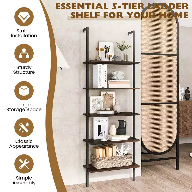Scaffale a 5 ripiani a scala Costway 71'' (180 cm) di altezza, a muro, libreria espositiva, organizer, marrone/naturale/bianco