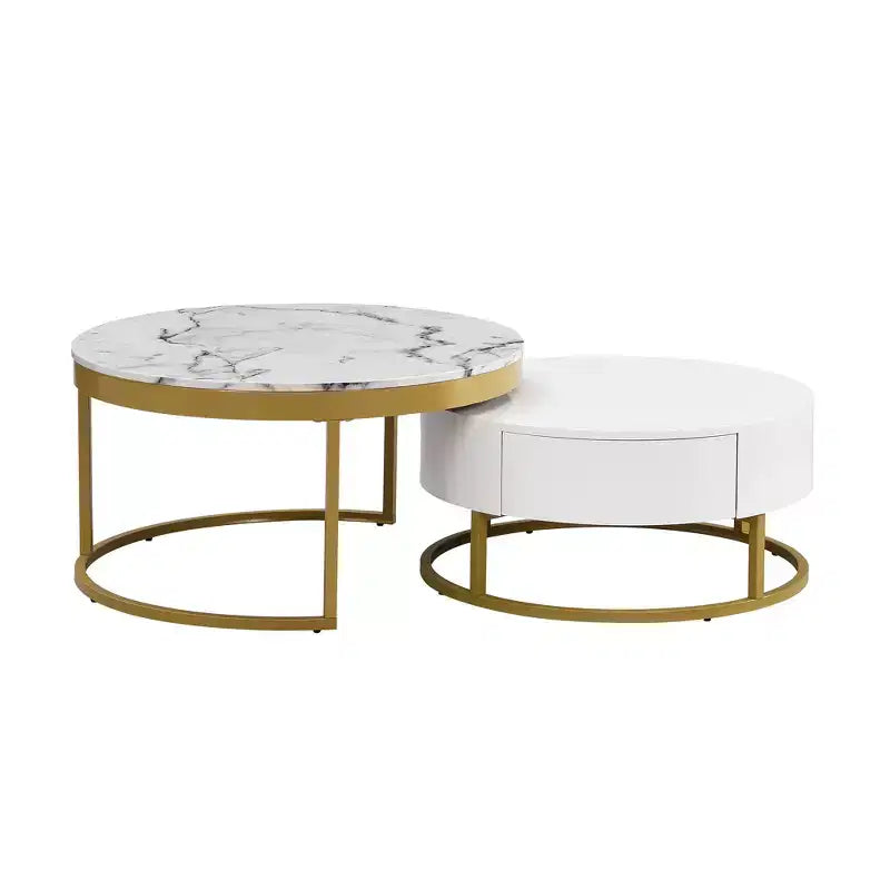 Tavolino da caffè rotondo moderno a incastro, tavolino da cocktail con 2 cassetti, oro+bianco - ModernLuxe
