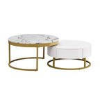 Tavolino da caffè rotondo moderno a incastro, tavolino da cocktail con 2 cassetti, oro+bianco - ModernLuxe