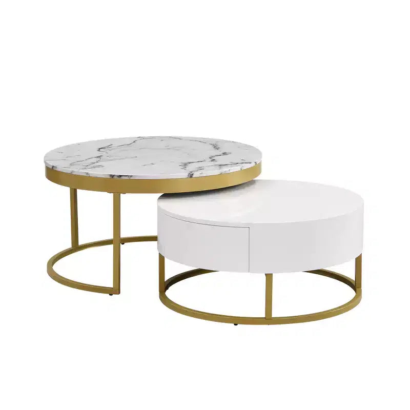 Tavolino da caffè rotondo moderno a incastro, tavolino da cocktail con 2 cassetti, oro+bianco - ModernLuxe