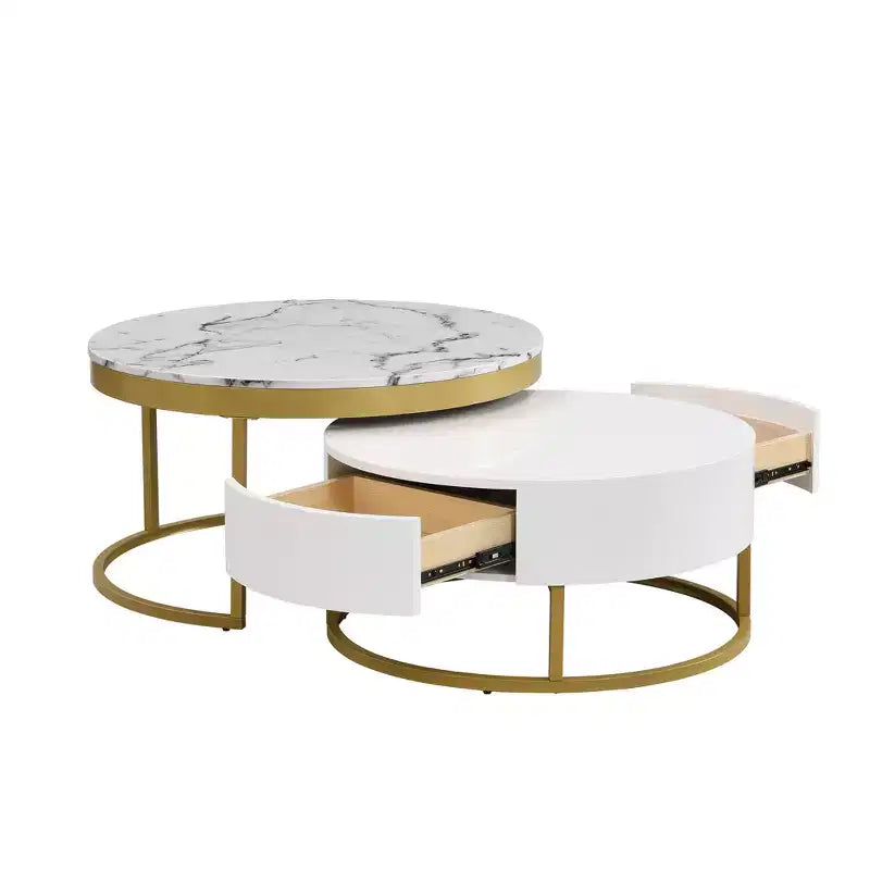 Tavolino da caffè rotondo moderno a incastro, tavolino da cocktail con 2 cassetti, oro+bianco - ModernLuxe