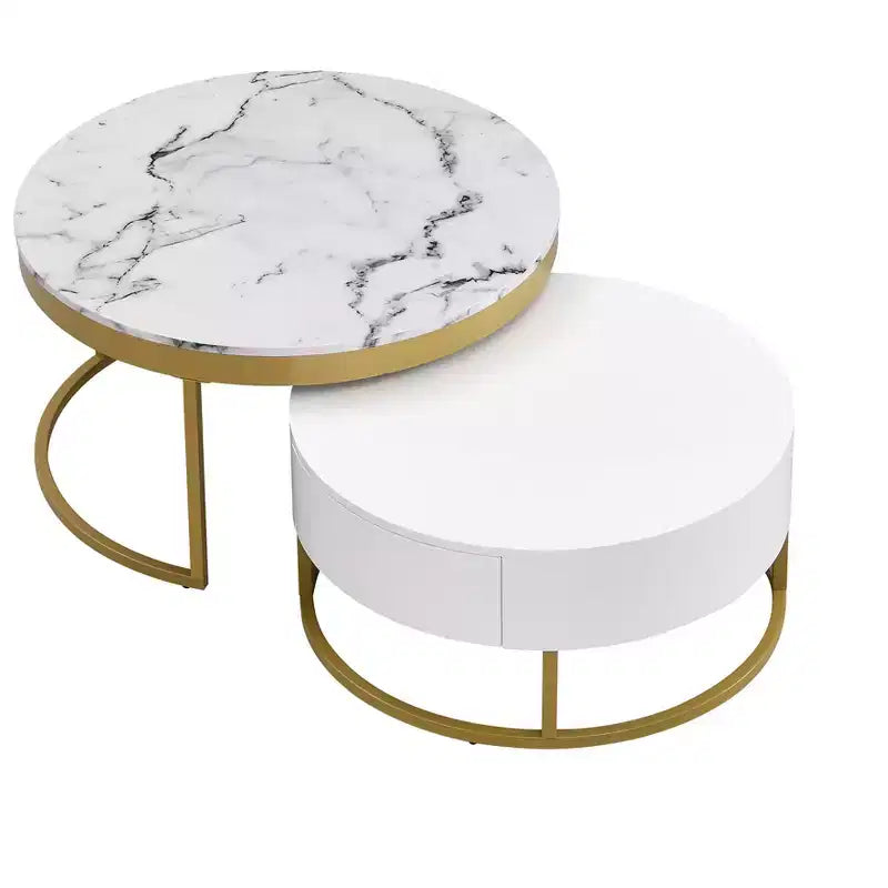 Tavolino da caffè rotondo moderno a incastro, tavolino da cocktail con 2 cassetti, oro+bianco - ModernLuxe
