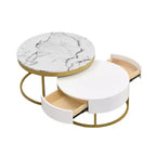 Tavolino da caffè rotondo moderno a incastro, tavolino da cocktail con 2 cassetti, oro+bianco - ModernLuxe