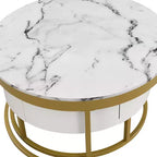 Tavolino da caffè rotondo moderno a incastro, tavolino da cocktail con 2 cassetti, oro+bianco - ModernLuxe