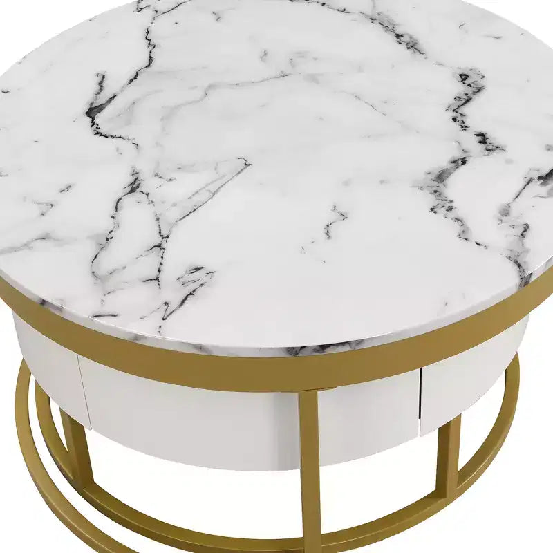 Tavolino da caffè rotondo moderno a incastro, tavolino da cocktail con 2 cassetti, oro+bianco - ModernLuxe