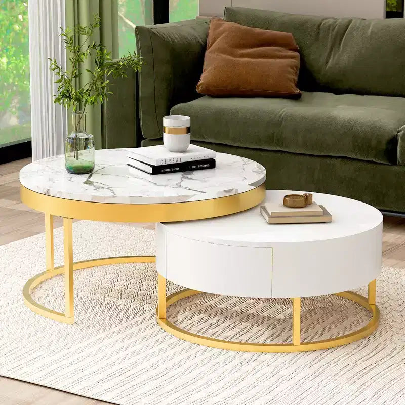 Tavolino da caffè rotondo moderno a incastro, tavolino da cocktail con 2 cassetti, oro+bianco - ModernLuxe