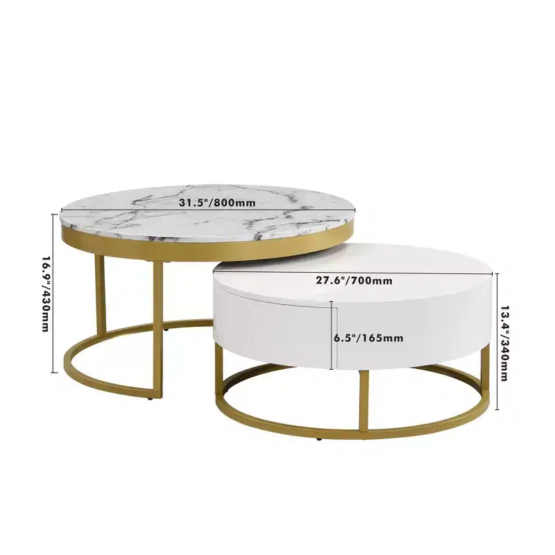 Tavolino da caffè rotondo moderno a incastro, tavolino da cocktail con 2 cassetti, oro+bianco - ModernLuxe