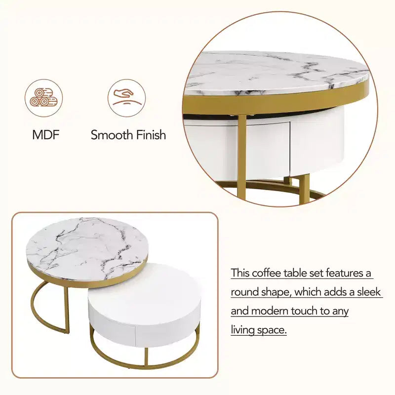 Tavolino da caffè rotondo moderno a incastro, tavolino da cocktail con 2 cassetti, oro+bianco - ModernLuxe