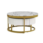 Tavolino da caffè rotondo moderno a incastro, tavolino da cocktail con 2 cassetti, oro+bianco - ModernLuxe