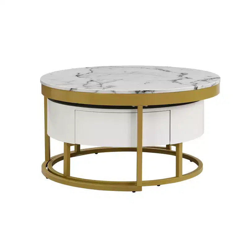 Tavolino da caffè rotondo moderno a incastro, tavolino da cocktail con 2 cassetti, oro+bianco - ModernLuxe