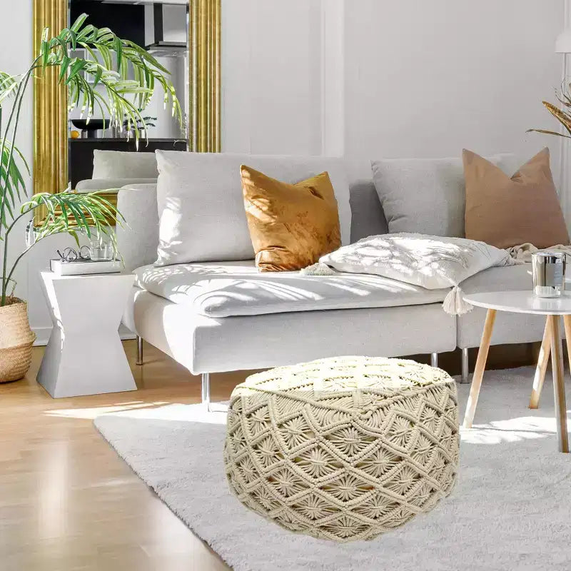 Northlight 18 Pouf Ottomano Quadrato Fatto a Mano in Macramè di Cotone Naturale Beige