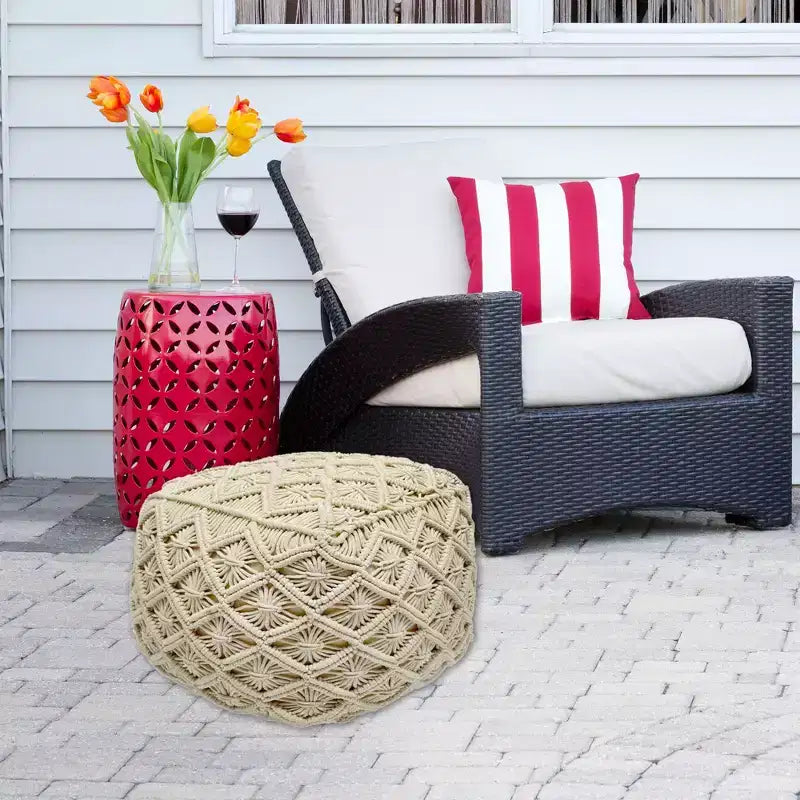 Northlight 18 Pouf Ottomano Quadrato Fatto a Mano in Macramè di Cotone Naturale Beige
