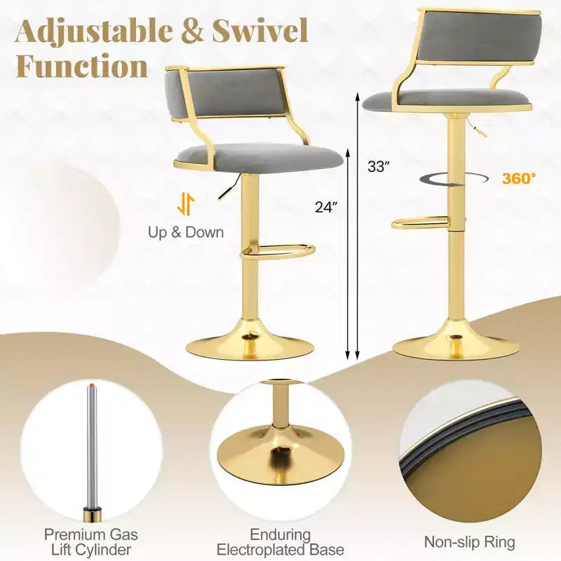 Sgabelli da bar girevoli Costway in velluto set da 2 imbottiti regolabili con schienale intrecciato grigio/beige/giallo