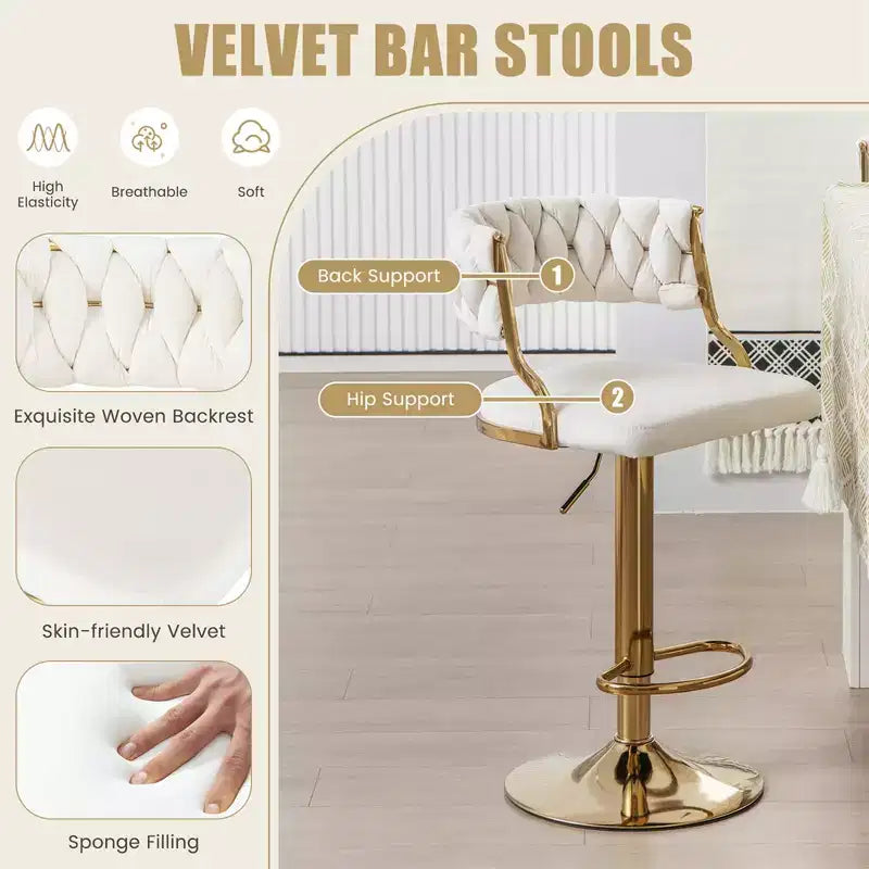 Sgabelli da bar girevoli Costway in velluto set da 2 imbottiti regolabili con schienale intrecciato grigio/beige/giallo