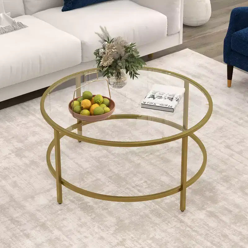 Tavolino rotondo Costway 36'' con piano in vetro temperato e struttura in metallo, per soggiorno, nero/oro