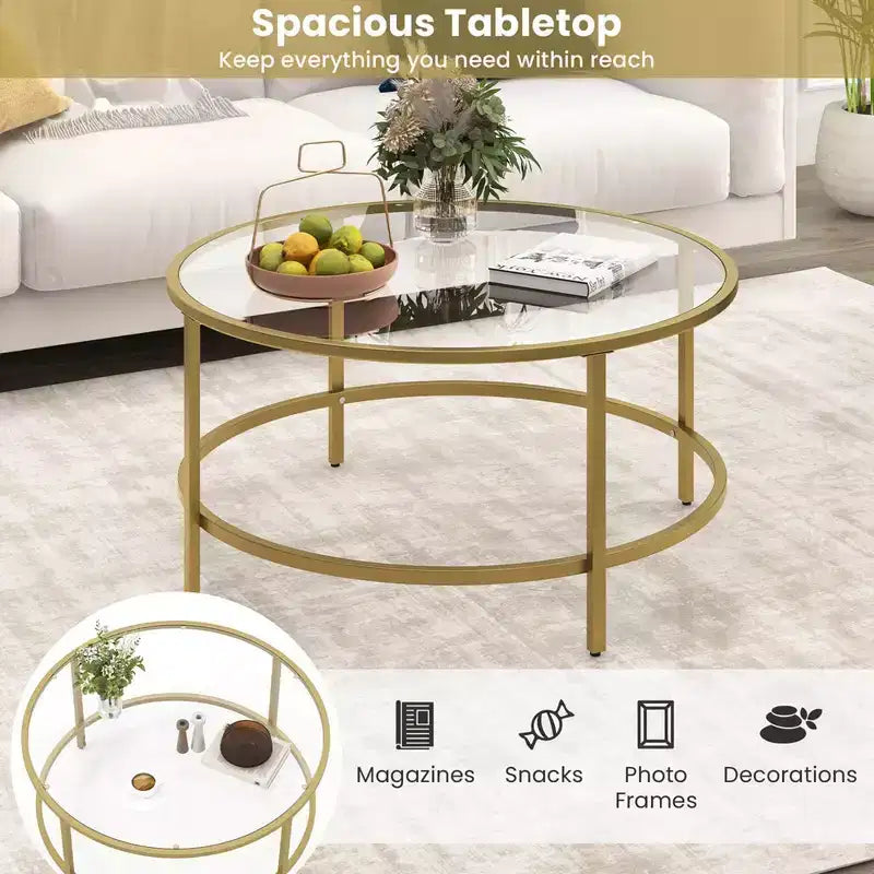 Tavolino rotondo Costway 36'' con piano in vetro temperato e struttura in metallo, per soggiorno, nero/oro