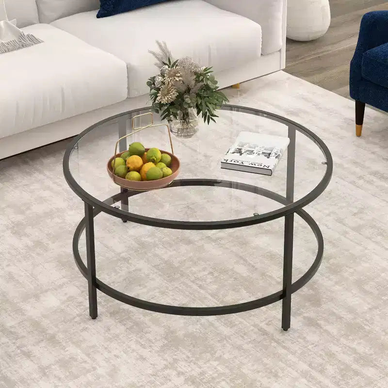 Tavolino rotondo Costway 36'' con piano in vetro temperato e struttura in metallo, per soggiorno, nero/oro