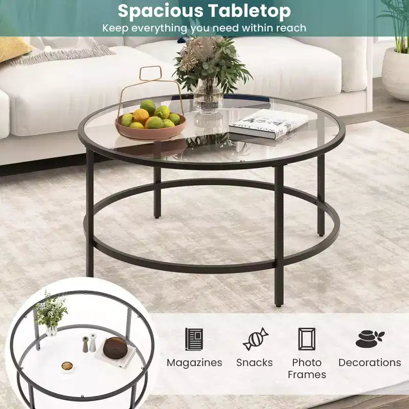 Tavolino rotondo Costway 36'' con piano in vetro temperato e struttura in metallo, per soggiorno, nero/oro