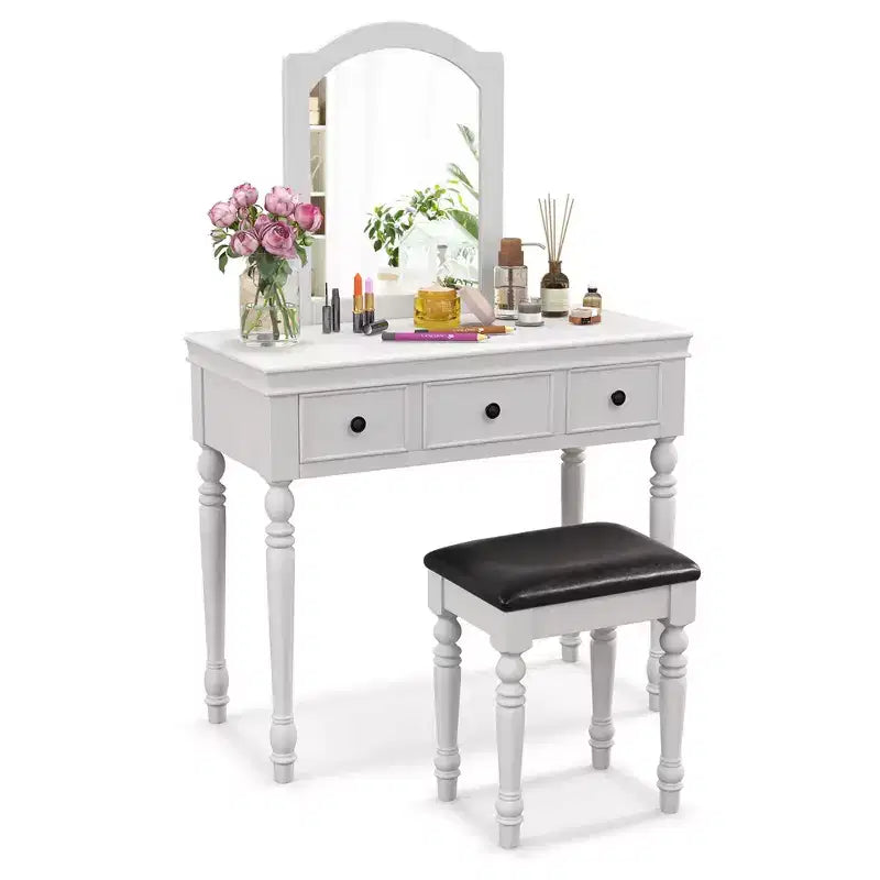 Costway Toilette Trucco Scrivania Sgabello Imbottito 3 Cassetti Grande Specchio Bianco/Noce
