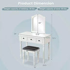 Costway Toilette Trucco Scrivania Sgabello Imbottito 3 Cassetti Grande Specchio Bianco/Noce