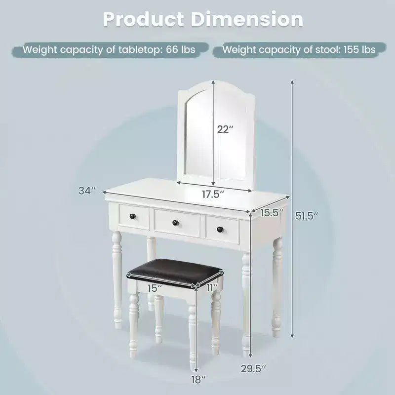 Costway Toilette Trucco Scrivania Sgabello Imbottito 3 Cassetti Grande Specchio Bianco/Noce