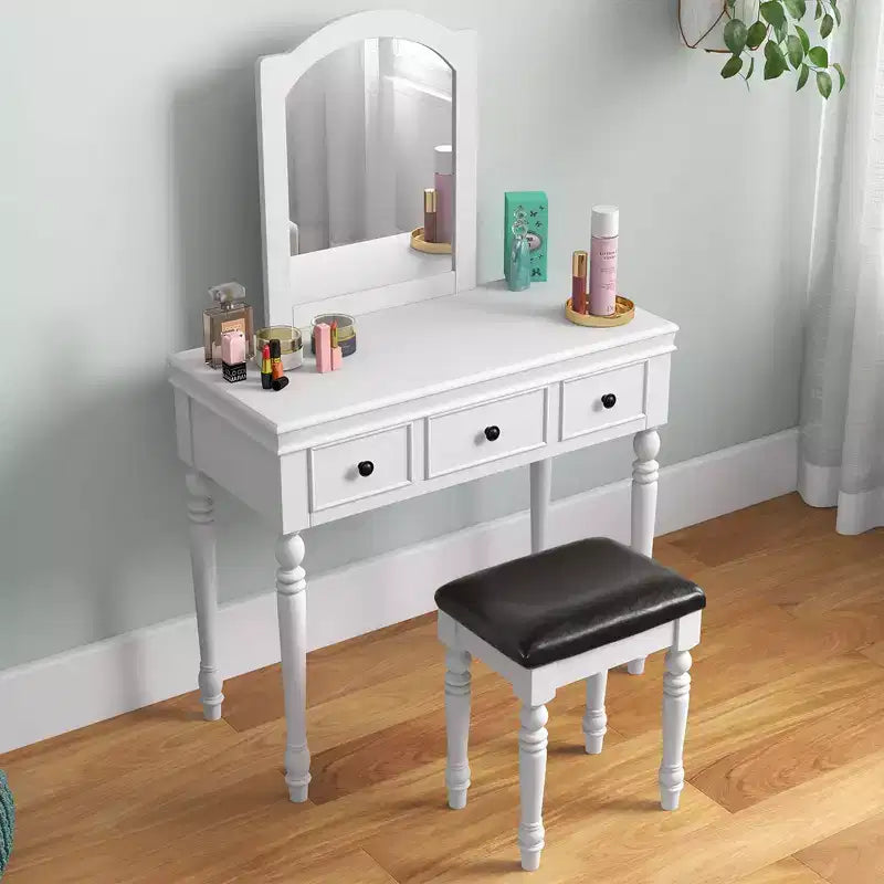 Costway Toilette Trucco Scrivania Sgabello Imbottito 3 Cassetti Grande Specchio Bianco/Noce