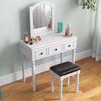 Costway Toilette Trucco Scrivania Sgabello Imbottito 3 Cassetti Grande Specchio Bianco/Noce