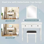 Costway Toilette Trucco Scrivania Sgabello Imbottito 3 Cassetti Grande Specchio Bianco/Noce