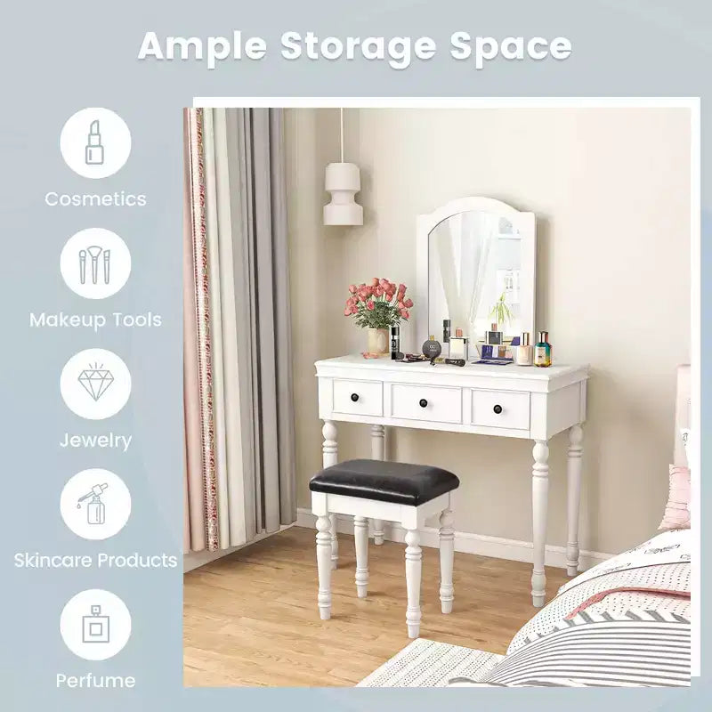 Costway Toilette Trucco Scrivania Sgabello Imbottito 3 Cassetti Grande Specchio Bianco/Noce