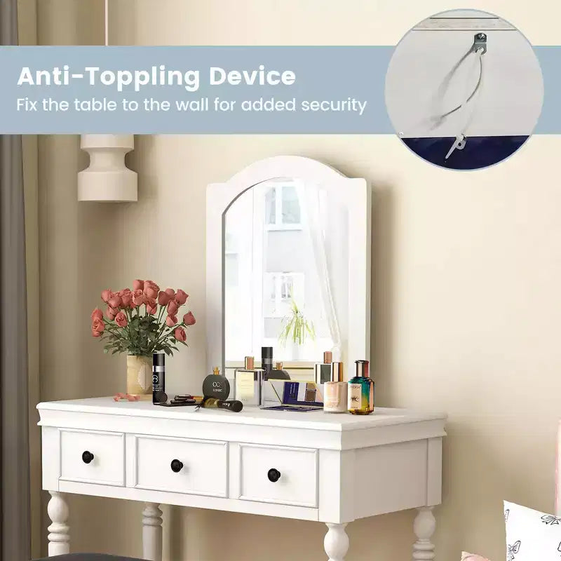 Costway Toilette Trucco Scrivania Sgabello Imbottito 3 Cassetti Grande Specchio Bianco/Noce