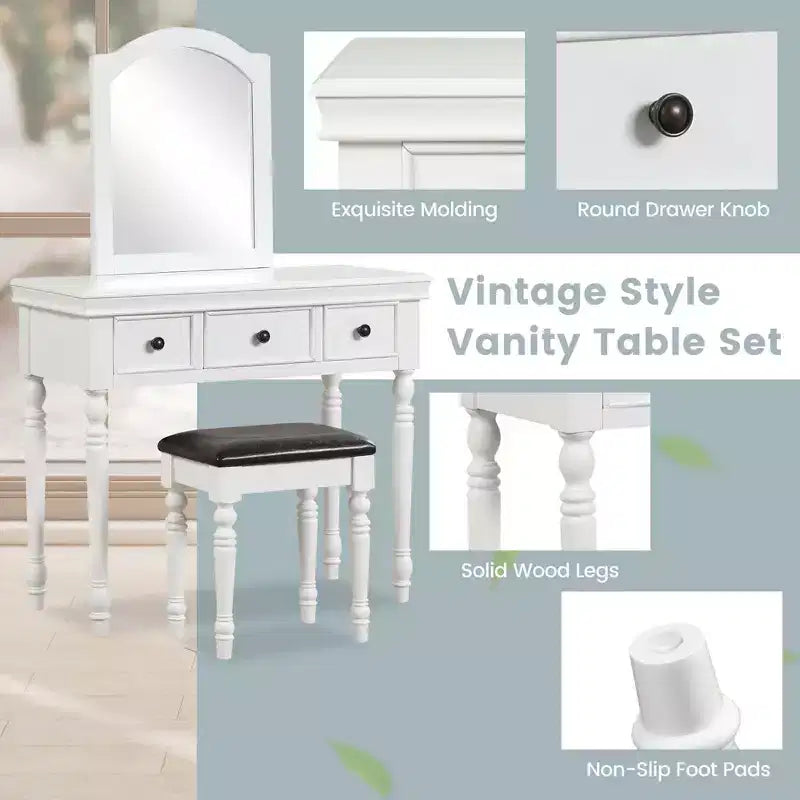 Costway Toilette Trucco Scrivania Sgabello Imbottito 3 Cassetti Grande Specchio Bianco/Noce