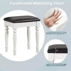 Costway Toilette Trucco Scrivania Sgabello Imbottito 3 Cassetti Grande Specchio Bianco/Noce