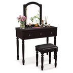 Costway Toilette Trucco Scrivania Sgabello Imbottito 3 Cassetti Grande Specchio Bianco/Noce
