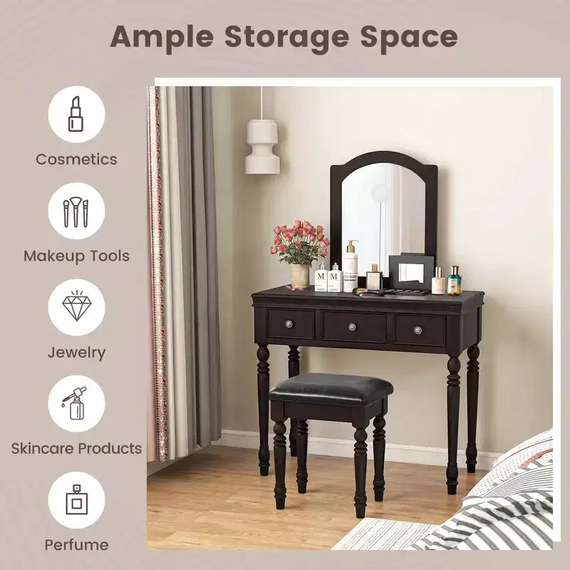 Costway Toilette Trucco Scrivania Sgabello Imbottito 3 Cassetti Grande Specchio Bianco/Noce