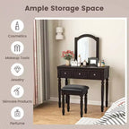 Costway Toilette Trucco Scrivania Sgabello Imbottito 3 Cassetti Grande Specchio Bianco/Noce