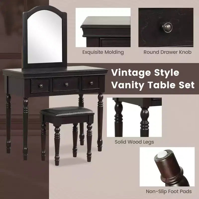 Costway Toilette Trucco Scrivania Sgabello Imbottito 3 Cassetti Grande Specchio Bianco/Noce