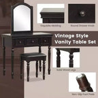 Costway Toilette Trucco Scrivania Sgabello Imbottito 3 Cassetti Grande Specchio Bianco/Noce