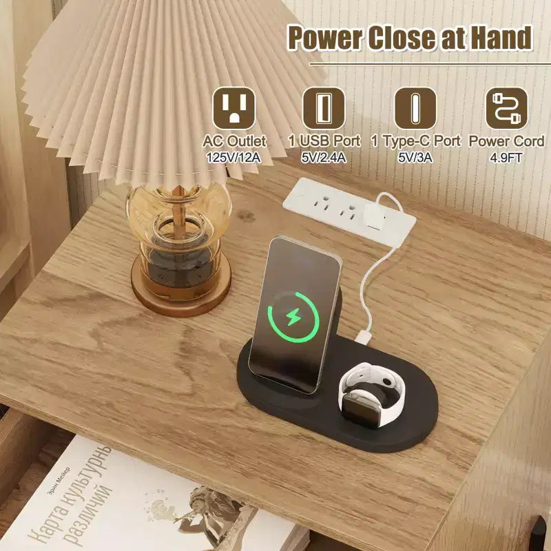 Comodino Costway con Stazione di Ricarica, Cassetto e Vano Contenitore, Tavolino Laterale Moderno