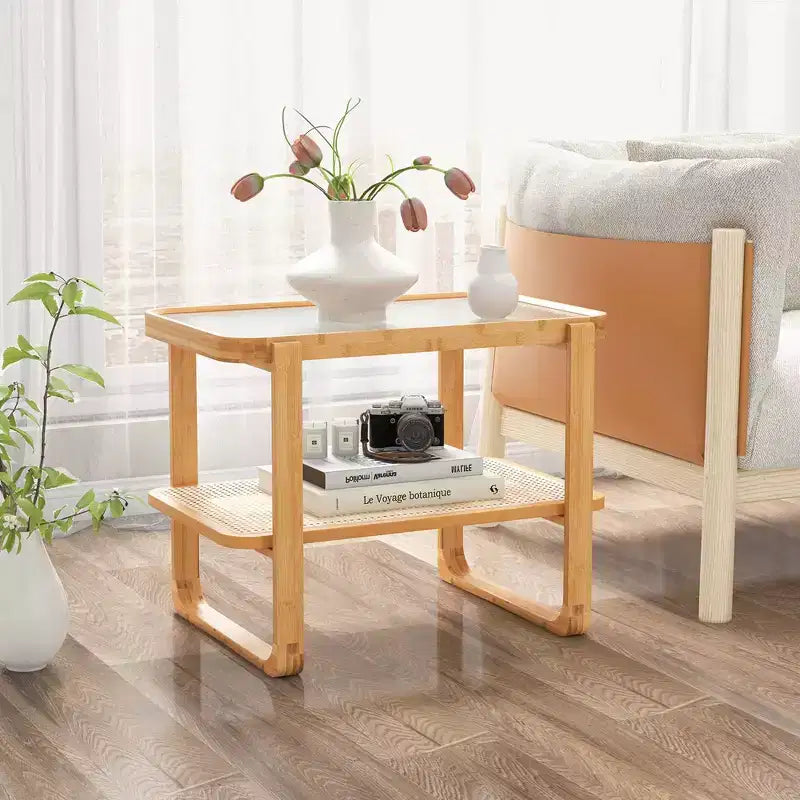Costway Tavolino da Divano in Bambù con Ripiano in Rattan e Piano in Vetro, Comodino Piccolo