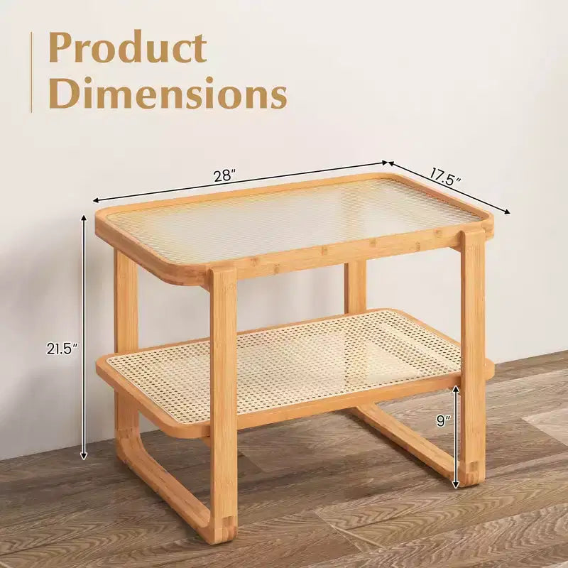 Costway Tavolino da Divano in Bambù con Ripiano in Rattan e Piano in Vetro, Comodino Piccolo