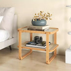 Costway Tavolino da Divano in Bambù con Ripiano in Rattan e Piano in Vetro, Comodino Piccolo
