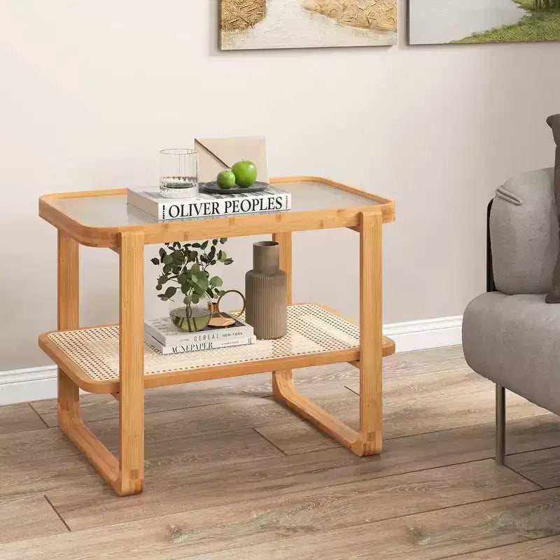 Costway Tavolino da Divano in Bambù con Ripiano in Rattan e Piano in Vetro, Comodino Piccolo