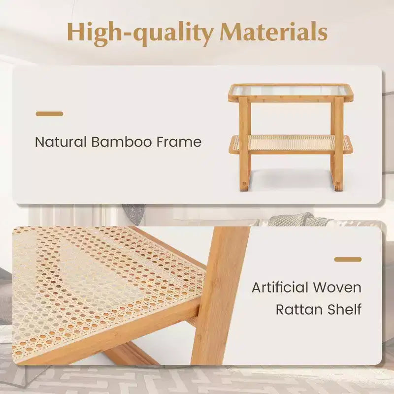 Costway Tavolino da Divano in Bambù con Ripiano in Rattan e Piano in Vetro, Comodino Piccolo