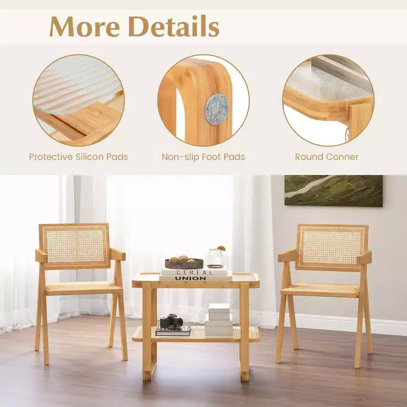 Costway Tavolino da Divano in Bambù con Ripiano in Rattan e Piano in Vetro, Comodino Piccolo
